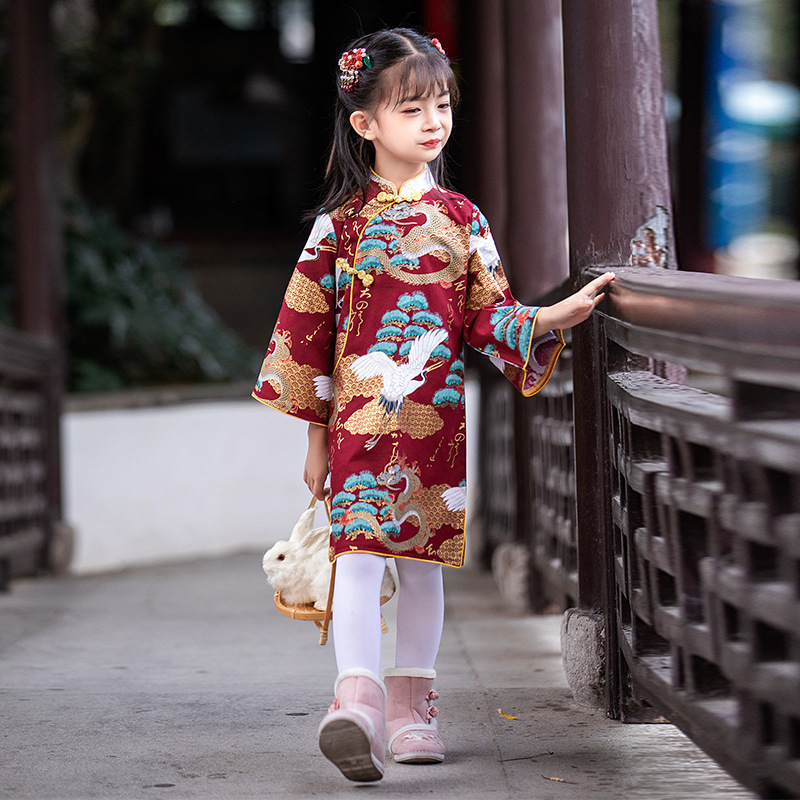 Baby Girls 2022 Spring New Long Sleeve Cheongsam Dress Children's Dress Baby Chinese Style Retro Literary Hanfu Fairy