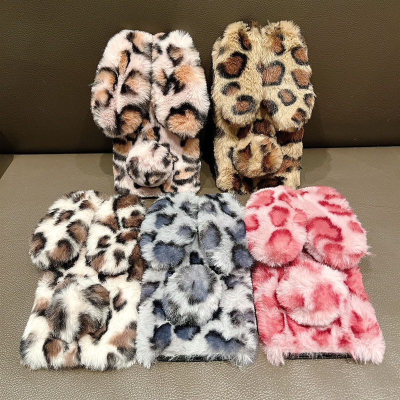 Leopard Print Plush Rabbit Ears Suitable for Iphone17Air Mobile Phone Case Autumn and Winter 11 Apple 16Pro Max Export