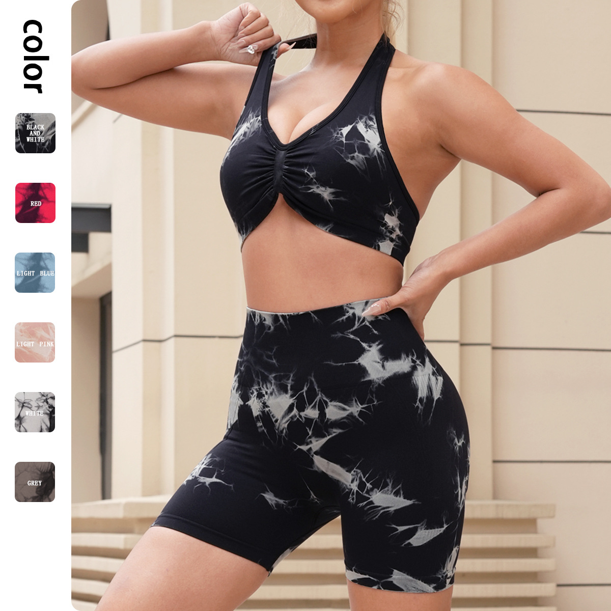 Europa y los Estados Unidos de verano sin costuras atado teñido traje de yoga conjunto de mujer sensación colgar cuello de espalda bra deportivo de cintura alta panty cortos