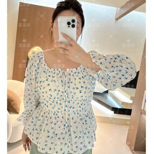 [Caicaijia] 2025 New Summer Square Neck Lotus Sleeves Elastic Waist Holiday Lace-Up Top Ccc11419