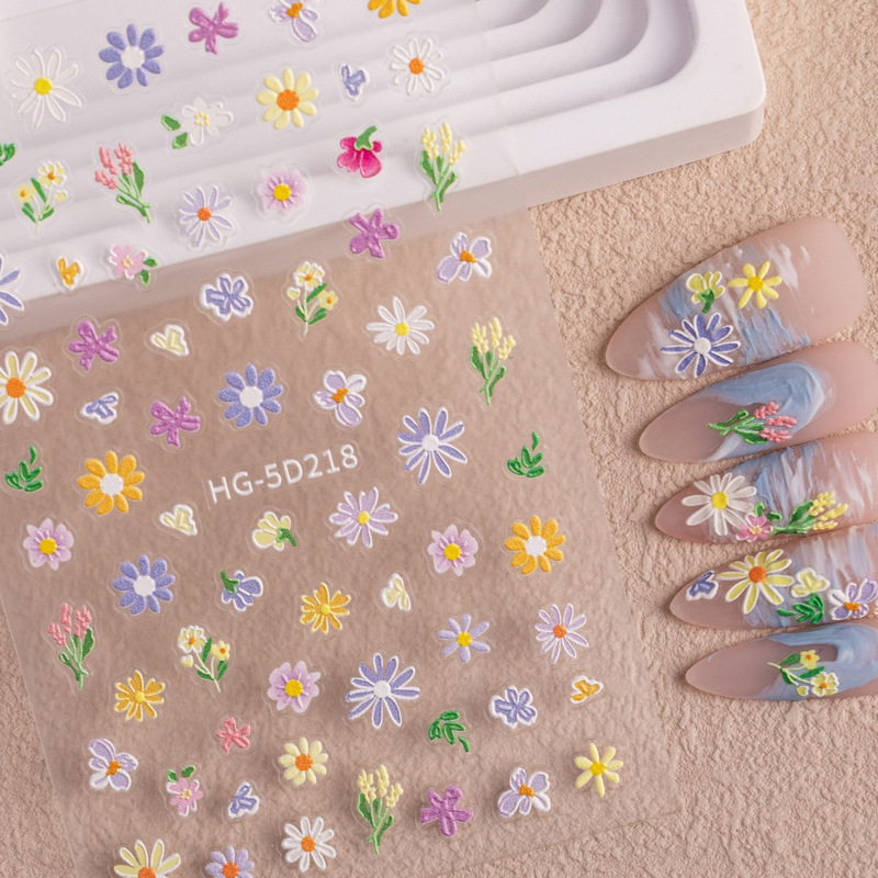 Spring Painted Flower Nail Stickers 5D Embossed Stereo Exquisite Oil Painting Wildflower Nail Stickers Accessories Hg Style