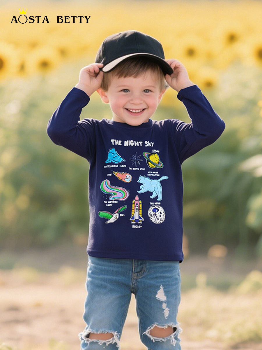 26 nuevas camisetas de manga larga para niños, estilo otoñal, sudaderas de manga larga a la moda de estilo europeo y americano para niños, jerseys de cuello redondo con dibujos animados
