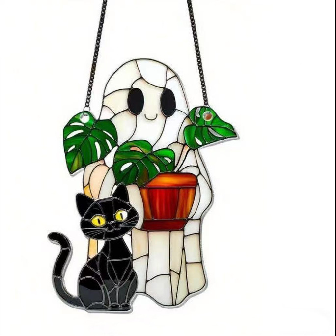 跨境新品万圣节猫咪鬼魂太阳捕手小幽灵2D平面亚克力节日氛围挂饰|undefined