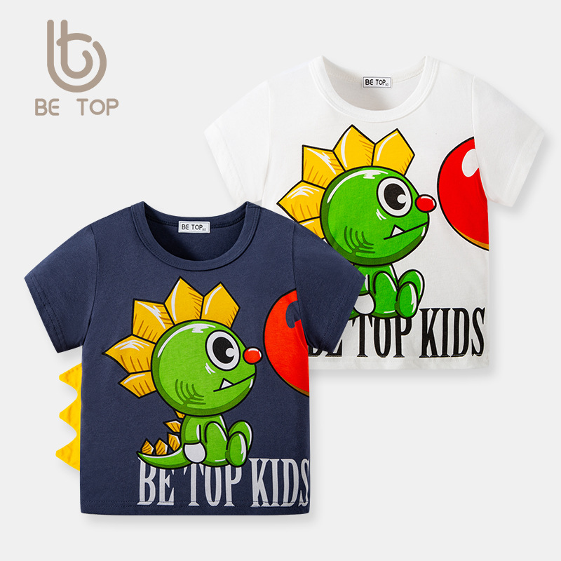 Betop ropa para niños nueva camiseta de manga corta para niños 2024 verano bebé dibujos animados dinosaurio cuello redondo media manga superior