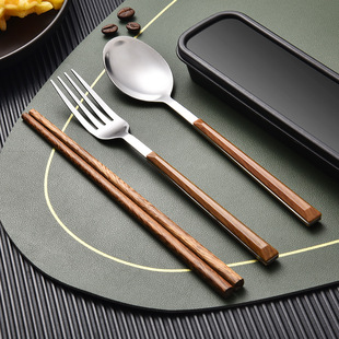 Portable Chopsticks, Spoons and Forks Set Three-Piece Student Stainless Steel Tableware with Box Set Gift