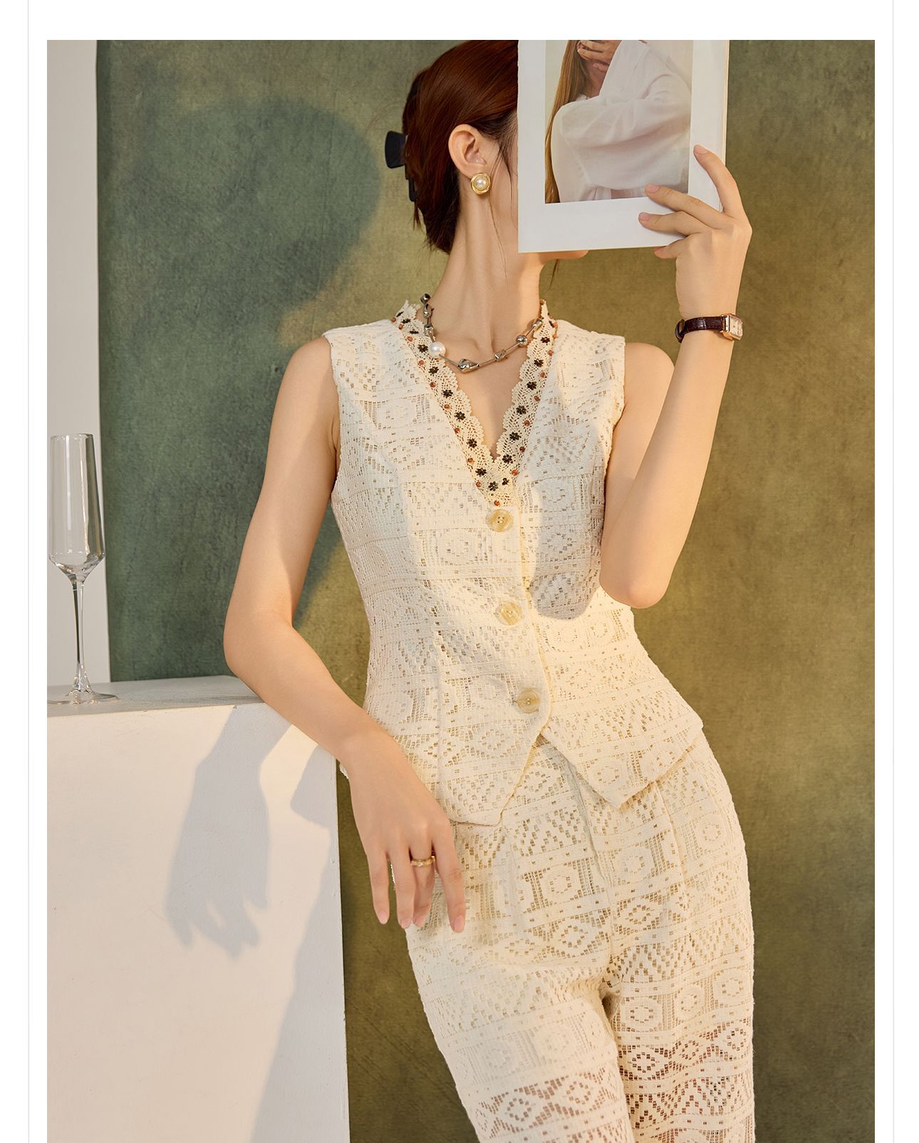 Bộ vest quần dài nữ cổ chữ V khoét lỗ phong cách retro cao cấp mùa hè 2026 — Quần dài, Vest [có dây ruy băng] chi tiết 12