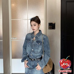 水洗复古蓝色领长袖连衣裙女秋季美式高腰牛仔裙子设计感包臀短裙
