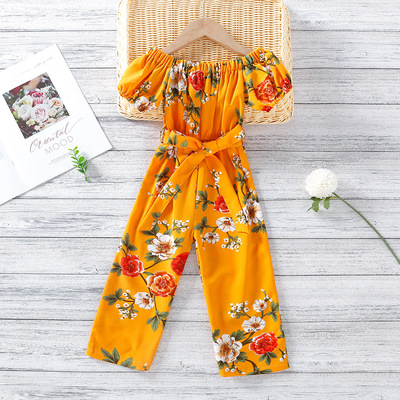 EW Foreign children 2021 Summer wear new pattern girl European style printing strapless Word collar Conjoined Wide leg pants K114