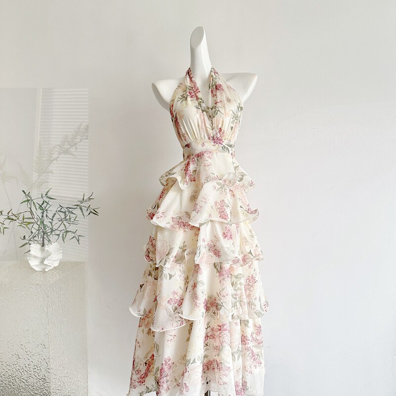 Temple Morning Dew Rose Garden/French Resort Style Printed Halter Chiffon Layered Long Dress Women's V-Neck Dress 2026 Temple Morning Dew Rose Garden/French Resort Style Printed Halter Chiffon Layered Long Dress Women's V-Neck Dress 2026