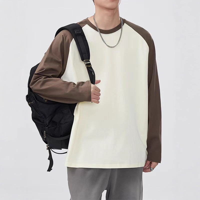 Heavy Weight Raglan Pure Cotton Long-Sleeved T-Shirt Men's American Contrast Color Splicing Bottoming Shirt Loose Round Neck Men's and Women's Same Style Long-Sleeved T-Shirt