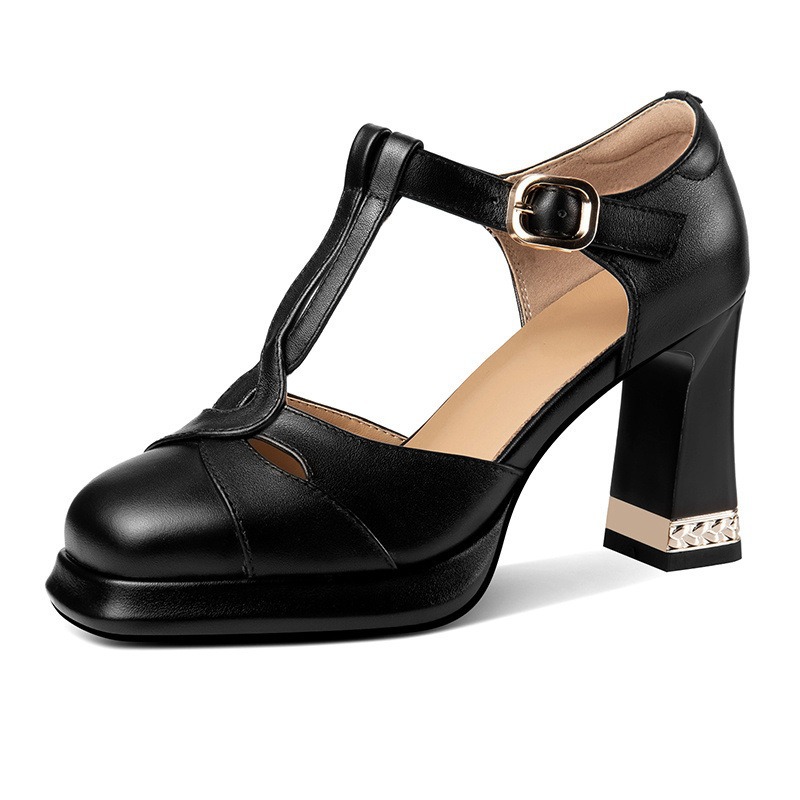 Giày sandal cao gót nữ bít mũi khóa chữ T phong cách retro, gót 8 cm — Màu đen