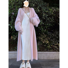 水貂绒毛衣外套开衫女秋冬慵懒风中长款针织衫加厚