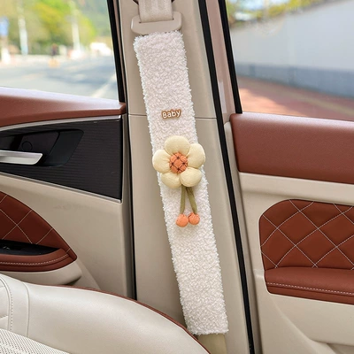 Seatbelt Shoulder Pads for Cars, High-End — Seat belt shoulder pad - light-yellow-sunflower-white-lambskin-shoulder-pads-49cm-single