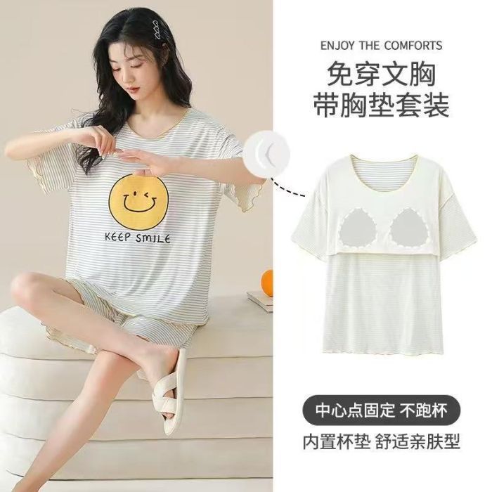 Venta al por mayor transfronteriza con almohadilla para el pecho pantalones cortos de manga corta pijamas mujer verano hielo hilo hilo hilo traje de servicio a domicilio casual pedido extranjero