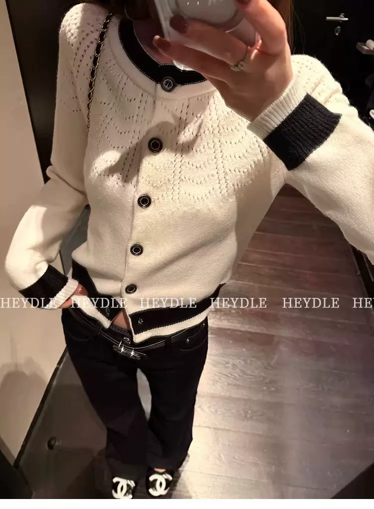 黑豆哼哼 初遇时刻*设计感镂空针织开衫黑白拼色气质短款毛衣外套