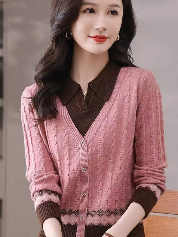 假两件毛衣女2025新款春秋洋气宽松外穿百搭打底衫翻领上衣针织衫|undefined
