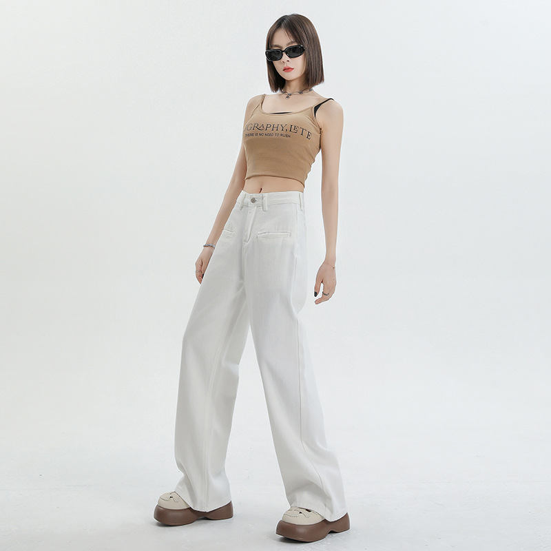 白色闊腿高腰牛仔褲女2025春夏美式高街顯瘦辣妹拖地寬鬆直筒褲子