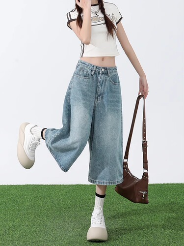 Jeans for women, summer, light-colored large size, seven-cent, 2025 new style, thin, loose, high-waist, light-colored straight, wide-leg pants for women