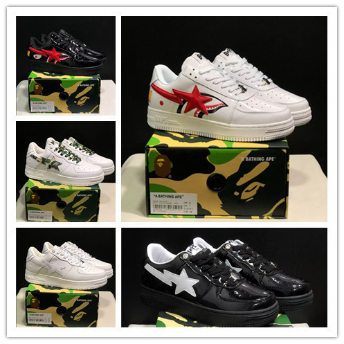 Putian Shoes Bape Sta Ape Head Air Force Collaboration Marvel Black and White Panda Patent Leather Thick-Soled Height-Increasing Low-Top Men's Shoes