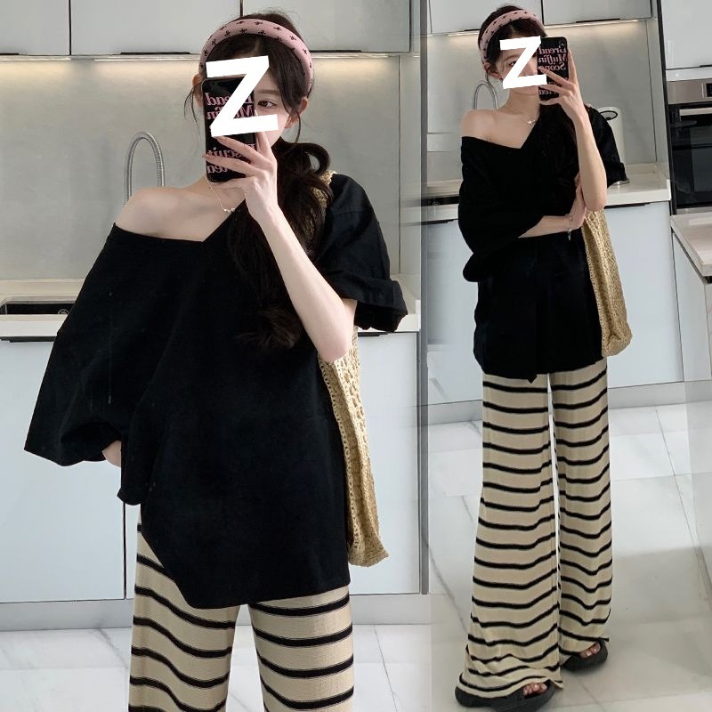 孕妇装夏装套装时尚t恤阔腿裤宽松显瘦条纹孕期法式穿搭两件套潮|undefined