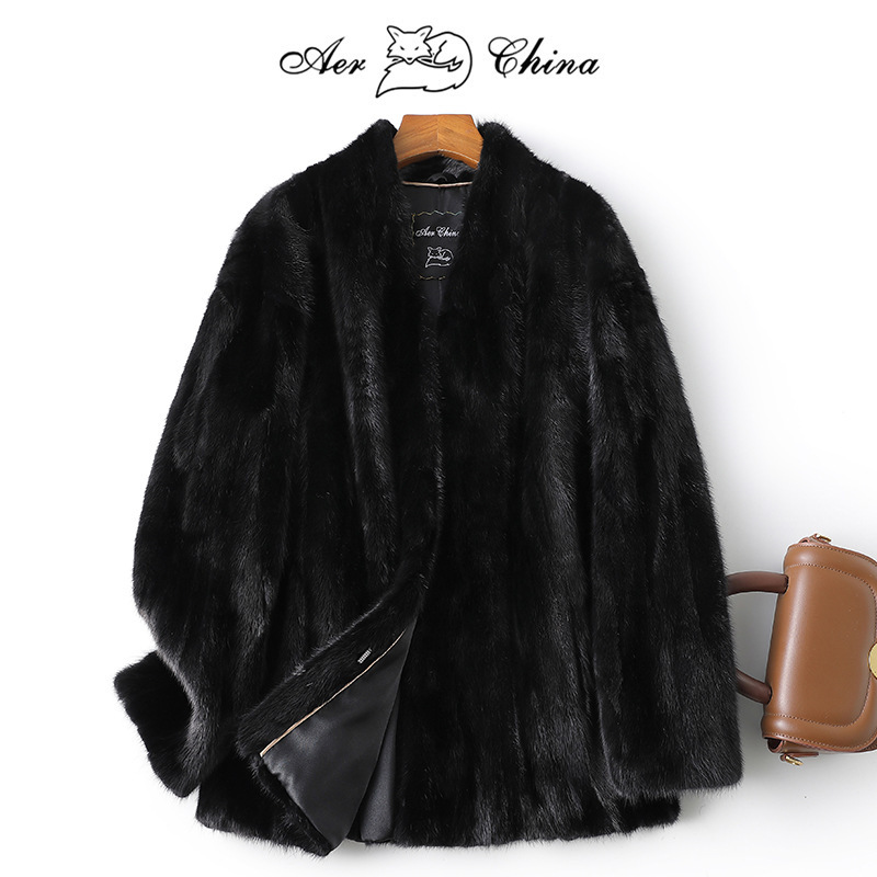 Haining Imported Mink Fur Coat for Women, Fashionable V-Neck Young Style Mink Fur Mid-Length Coat, Winter 2026