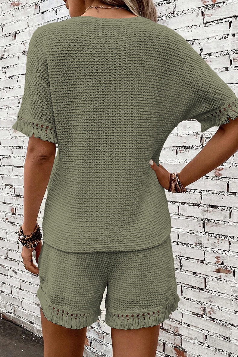 Women Clothing Summer Solid Color Simple Tassel Trim Texture Two Piece Set