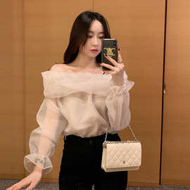 设计感小众一字肩衬衫女春夏2023法式气质欧根纱雪纺别致上衣