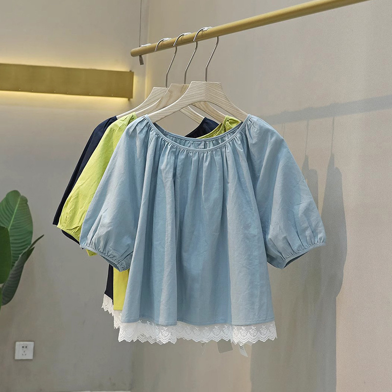 Korean Age-Reducing Baby Doll Shirt Round Neck Puff Sleeve Shirt Top Women's Summer New Lace Splicing Shirt Versatile Korean Age-Reducing Baby Doll Shirt Round Neck Puff Sleeve Shirt Top Women's Summer New Lace Splicing Shirt Versatile
