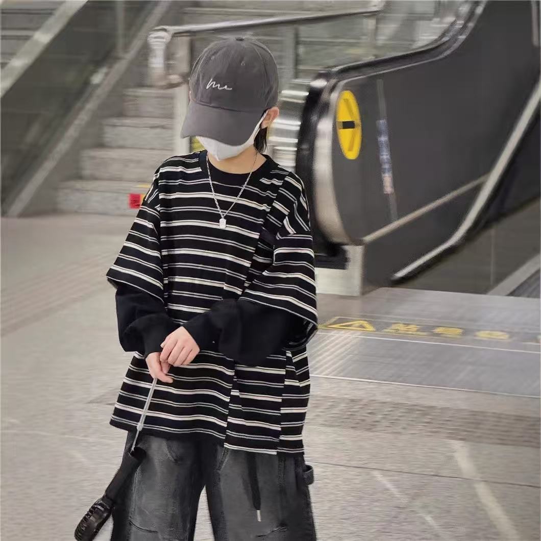 26 Spring Striped Fake Two-Piece Sweatshirt 2025 Spring Fashion Trendy Long Sleeve T-Shirt Autumn New Fashionable Children's Clothing