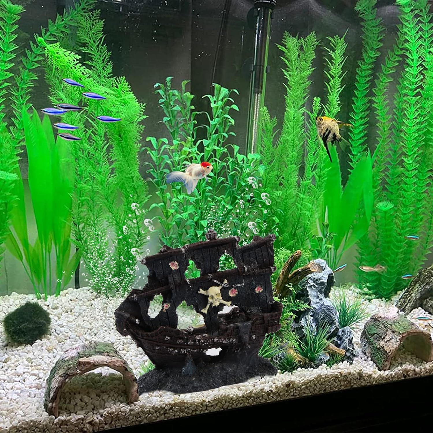 Acuario, pecera submarina, paisaje de resina, barco pirata, restos de esqueleto, artesanía del naufragio, barco roto, escondite, adornos