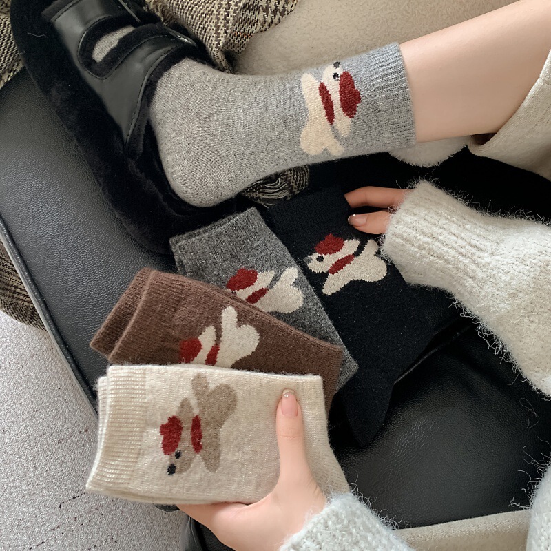 Winter Explosions Cartoon Puppy Wool Socks for Women Japanese Korean Style Thickened fleece-lined Warm Mid-Socks with Snow Boots