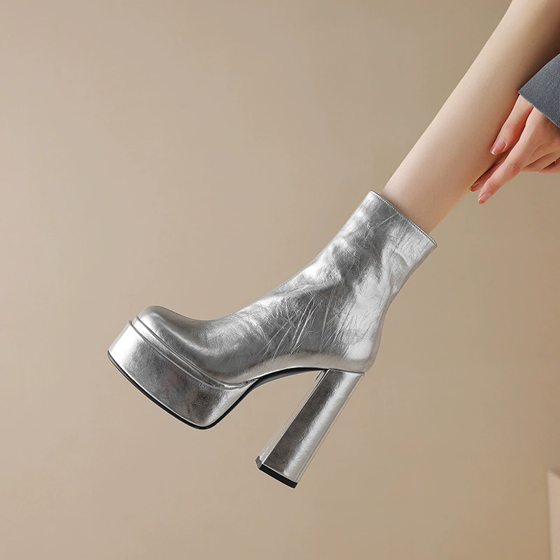 Супер высокий каблук и Серебристые туфли на высоком каблуке 2024 года Внешняя торговля осенне-зимняя обувь на толстом каблуке с круглым носком Ботинки Martin женские