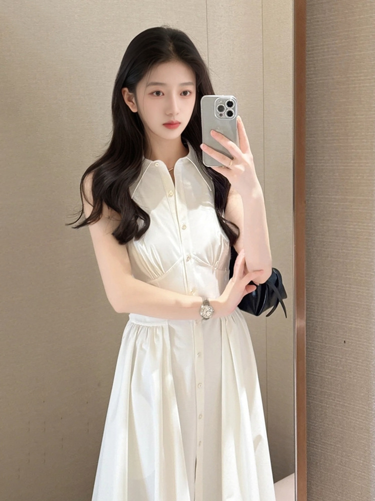 Đầm maxi không tay cổ bẻ kiểu Pháp thiết kế hàng khuy đơn thanh lịch ZX N4094 — Cây sơn chi trắng chi tiết 2