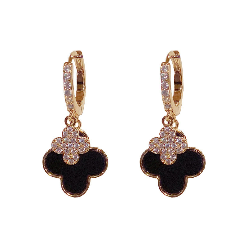 Black double four-leaf flower earrings