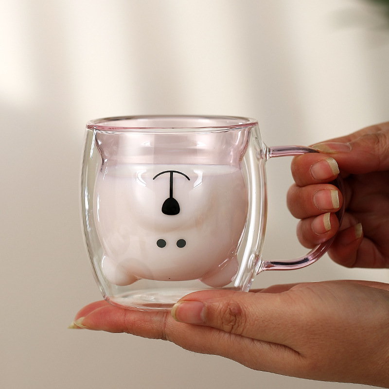 Color de doble capa de vidrio taza de dibujos animados hogar borosilicato vidrio taza de jugo de leche taza de té transparente vidrio oso agua