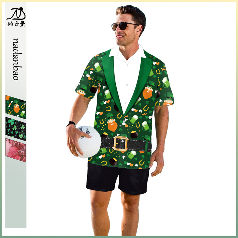 European and American New Irish Holiday St. Patrick's Day Clothing Digital Printing Clover Full Print Men's Shirt