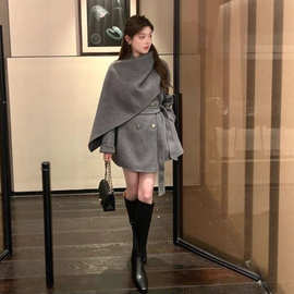 小个子富家千金感灰色毛呢外套女秋冬季韩版高级感超好看收腰大衣