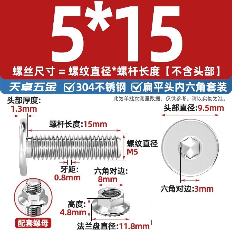 304不锈钢CM大平头超薄头C头扁平头内六角螺丝钉法兰边螺母套装M5|undefined
