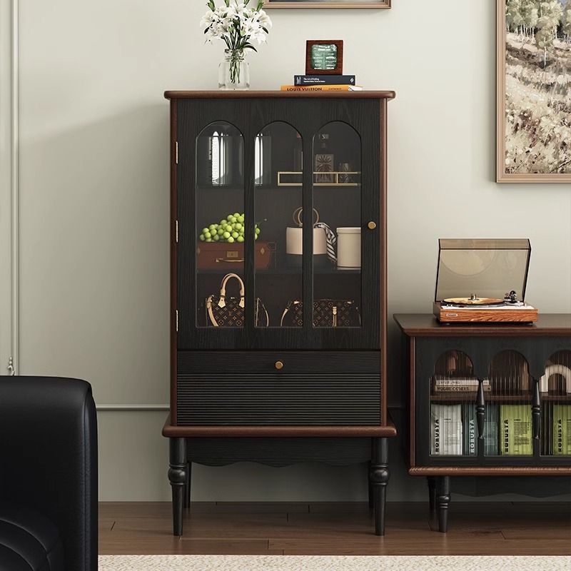 Wine Cabinet Dining Cabinet French Retro Solid Wood Glass Wine Cabinet Small Apartment Living Room Wall Display Cabinet American Home Side Cabinet