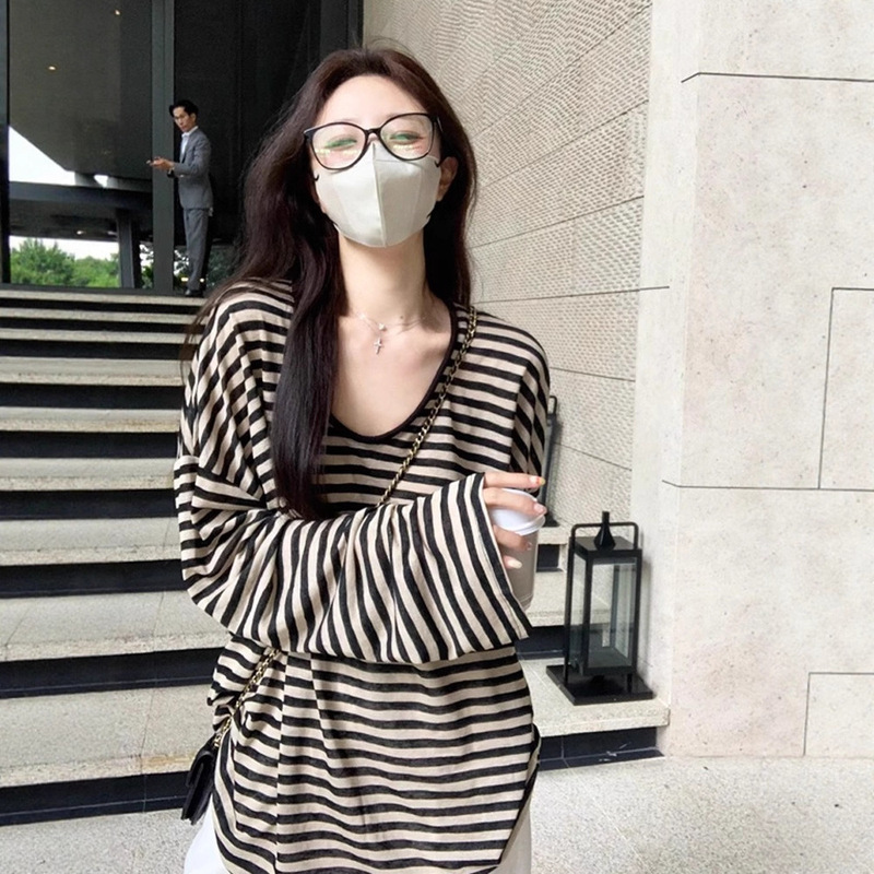 Lazy Style Striped Round Neck Sun-proof Long-sleeved T-shirt Women's Summer Thin oversize Loose Slim-fit Blouse Top