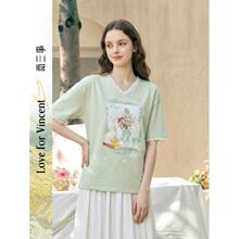 两三事梵高文艺浅昼微澜2026夏季新款小清新印花蕾丝拼接棉t恤女
