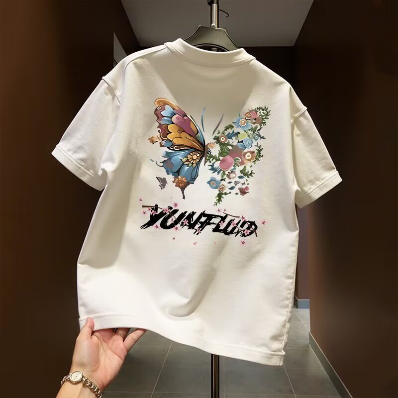 Herren-T-Shirt aus reiner Baumwolle mit Rundhalsausschnitt, atmungsaktiv, mit floralem Schmetterlingsmuster, kurzen Ärmeln, schmaler Passform, lässig-trendiges Oberteil_voghion.com