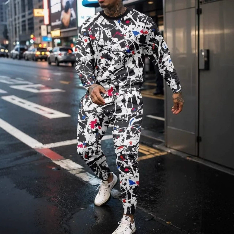 Винтажная модная спортивная рубашка с 3D принтом, спортивные штаны, брюки, мужской спортивный костюм для фитнеса с круглым вырезом, повседневная уличная одежда