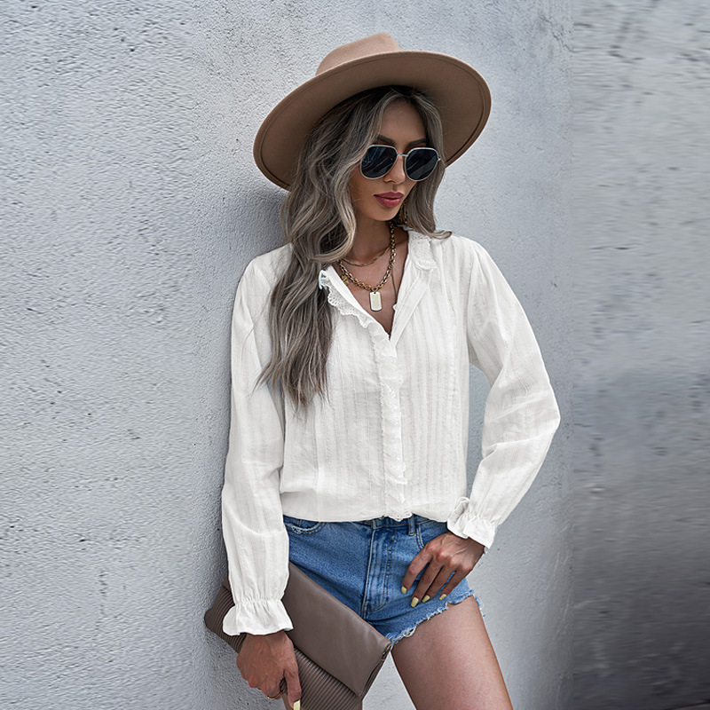 时颖欧美衬衫女秋季2022新款纯色蕾丝边拼接排扣灯笼袖开衫衬衣女