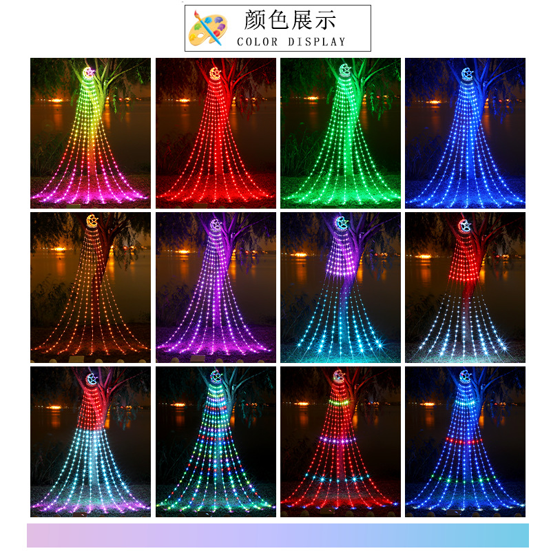 Luna nueva estrella de cinco puntas cascada luz Navidad estrella Luna al aire libre impermeable solar control remoto agua luz decorativa