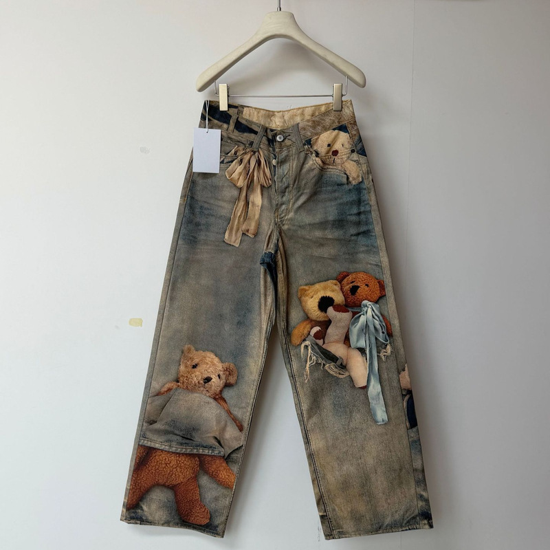 Ac Top-Level 198 Teddy Bear 3D Printed Loose Low-Waist Wide-Leg Jeans Unisex