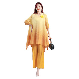 Miyake Pleated Plus-Size Women's Clothing Gradient Color Elegant Loose Tassel Top Wide-Leg Pants Set Wholesale Crumpled Fabric