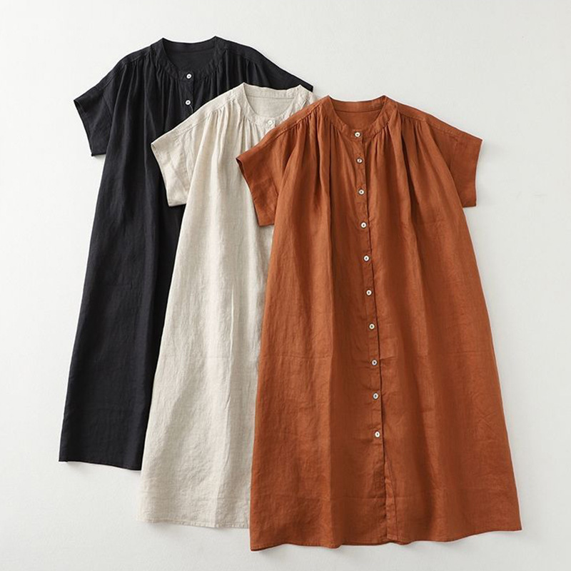Korean Style Casual Simple Style Stand-Up Collar Buttoned Short-Sleeved Cotton and Linen Dress Summer New Style Versatile Loose Fit That Looks Slimming and Covers the Body Korean Style Casual Simple Style Stand-Up Collar Buttoned Short-Sleeved Cotton and Linen Dress Summer New Style Versatile Loose Fit That Looks Slimming and Covers the Body
