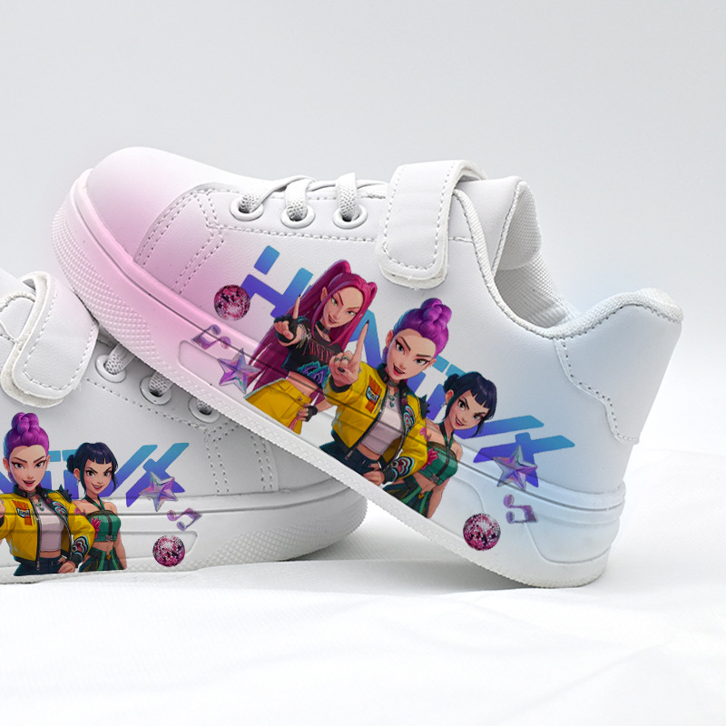 Foreign Trade Kpop Demon-Hunting Girl Group Uv Printed Children's Sneakers, Three Sisters Velcro White Shoes, Girls' Trendy Cartoon Shoes