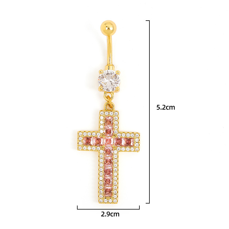 Piercing per ombelico personalizzato con anello a croce tempestato di diamanti, in rame rosa e zircone, gioiello con diamanti_voghion.com